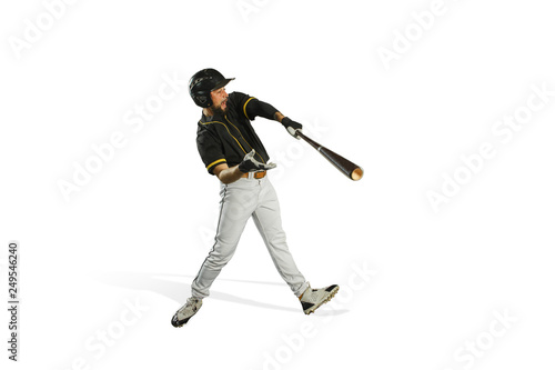 The fit caucasian man baseball player playing in studio. silhouette isolated on white background