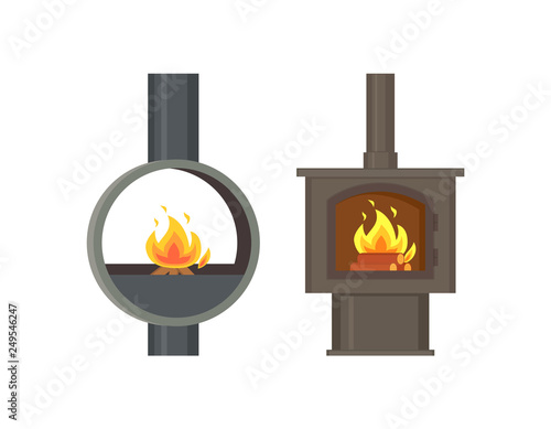 Fireplace old style stoves with burning logs set vector. Rounded metallic construction with fire, pipe ventilation. Home interior vintage furniture