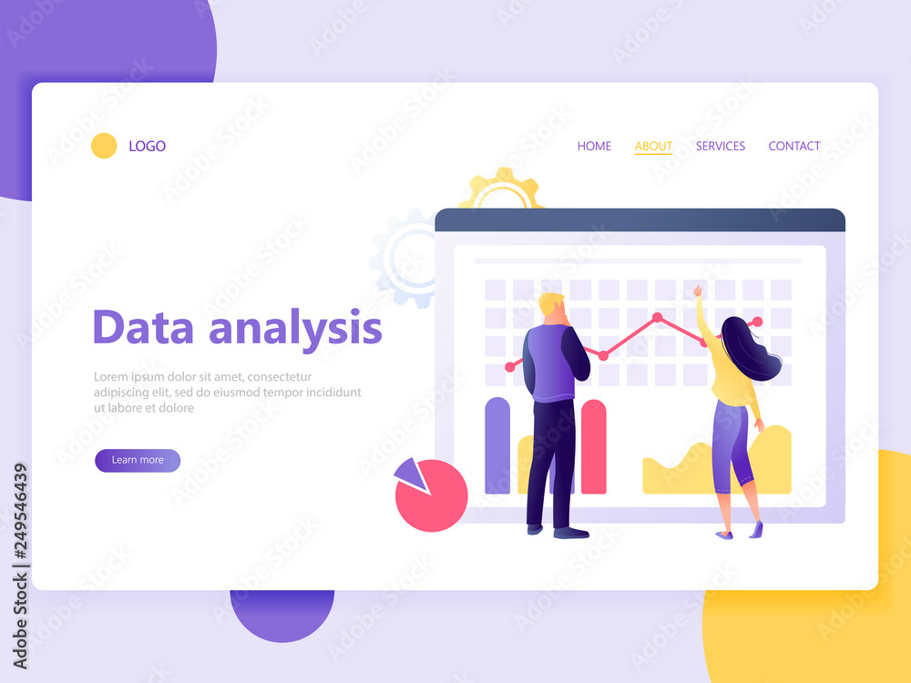 Landing web page template of data analysis - people analyse big data. Teamwork, coworking, workflow process. Flat concept vector illustration for web page, website and mobile website, ui, ux.