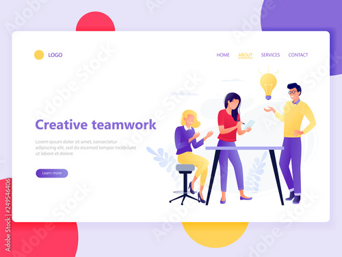 Landing web page template of creative teamwork - people working in friendly workplace. Coworking, teamwork, idea, communication, interaction. Flat concept vector illustration.