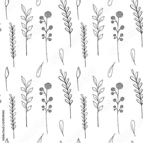 Raster pattern of ink drawing wild plants, herbs and flowers, monochrome botanical + burdock, leaves, branches, daisy, grass, bud, blossom+isolated hand drawn illustration