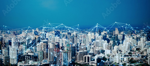 Photography Digital network connection lines of Sathorn, Bangkok Downtown, Thailand