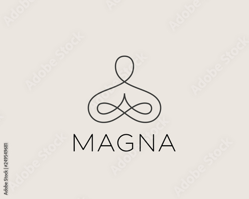 Abstract yoga human linear logo. Thread person flower balance logotype. Creative spa, guru vector mark.