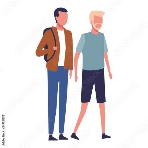 faceless guys bagpack walking