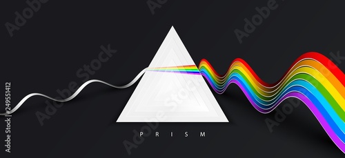 Illustration shows process of splitting white light into its constituent spectral colors.