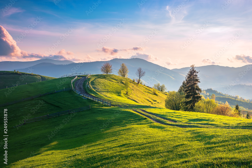 beautiful countryside in mountains at sunset. country road and fence through field on rolling hill. ridge in the distance. wonderful springtime sunny weather with pink clouds