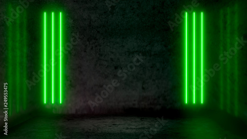 Empty dark abstract room with green fluorescent neon lights. Stage, scene and night club party concept background with copy space for text or product display.