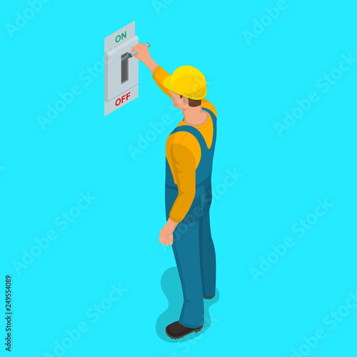 Worker man turns electric knife switch
