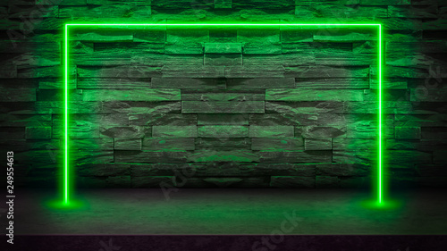 Empty dark stone table with green fluorescent neon laser lights. Party and night club concept background with copy space for text or product display.