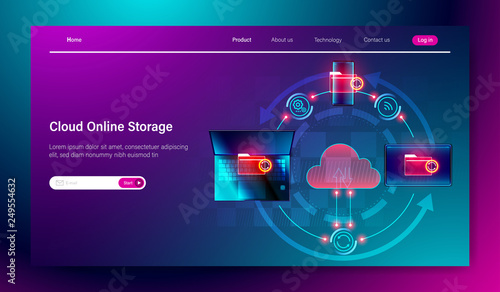 Cloud online storage service concept, connection of cloud with laptop, smartphone and laptop devices, data transfer, synchronization Vector