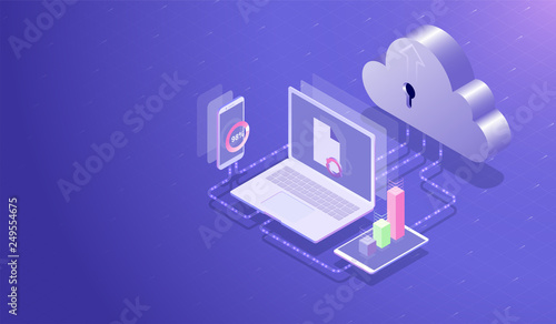 Isometric Cloud data storage center and cloud computing concept, Data transfer upload-download process by laptop, smartphone and tablet, database hosting server  Vector