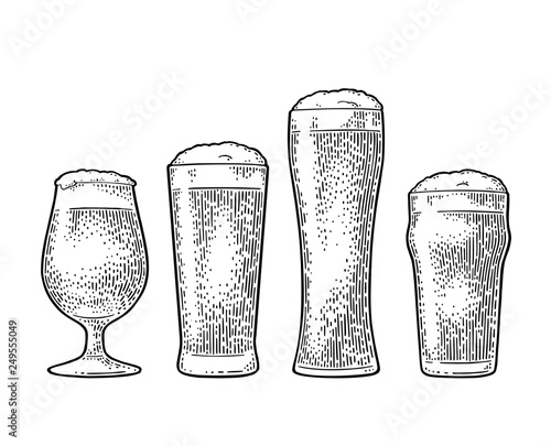 Different types beer glasses. Vintage black engraving