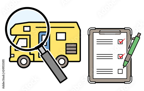 キャンピングカーの査定イメージのイラスト（キャンピングカーと虫眼鏡とチェックリスト）