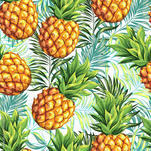 Fototapeta Naklejka Na Ścianę i Meble -  Pineapple. Seamless pattern. Vector floral pattern.