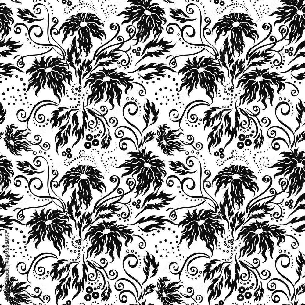 Fantasy black Flower seamless pattern with leaves, dots and curls on white background. Backdrop vector illustration
