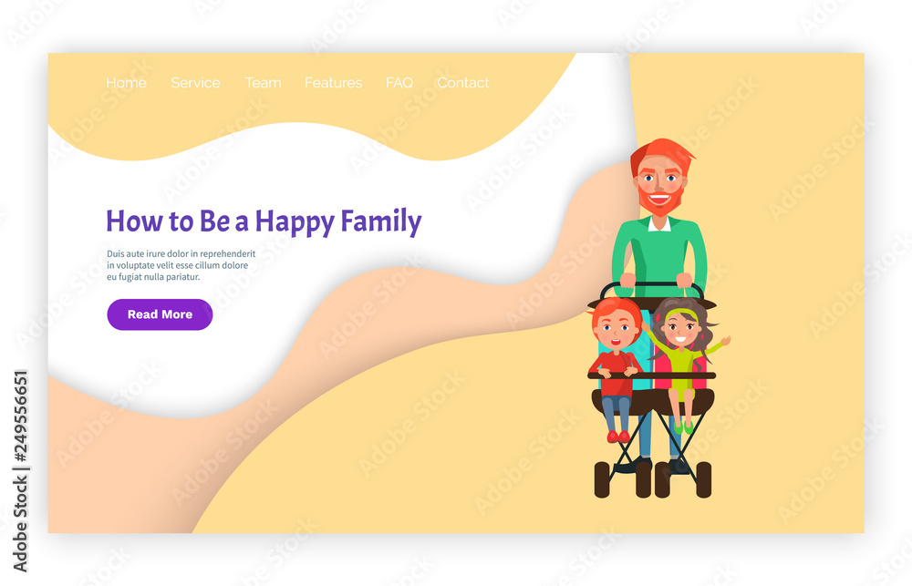 Fototapeta premium How to be happy family father with children vector, page with text. Daddy with son and daughter sitting in perambulator, carriage with kids walks