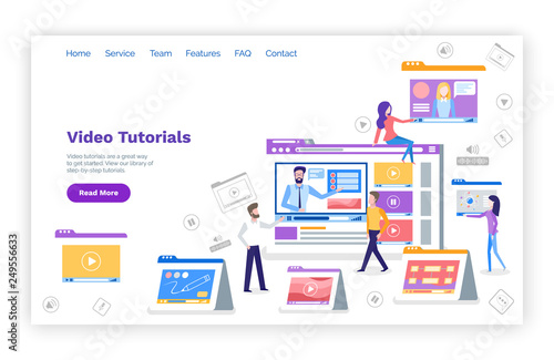 Video tutorials web page with text sample and devices vector. Methods assisting in self education and studying, preparation for exams and tests. Website or webpage template, landing page in flat style