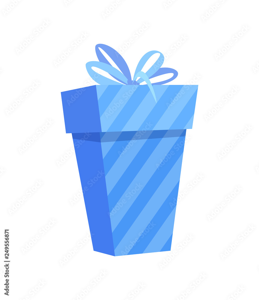 Wrapped Christmas present 3D icon, vector gift box isolated on white. Surprise in blue wrapping with stripes decorated by bow, New Year package with ribbon Wrapped Christmas present 3D icon, vector gift box isolated on white. Surprise in blue wrapping with stripes decorated by bow, New Year package with ribbon