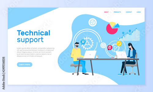 Technical support online web site, operators aid vector. Man and woman in headset at laptops answering messages and calls, graphics and diagrams or charts. Webpage template or landing page in flat
