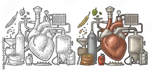 Brewery process on factory beer with tanks, burner, heart engraving