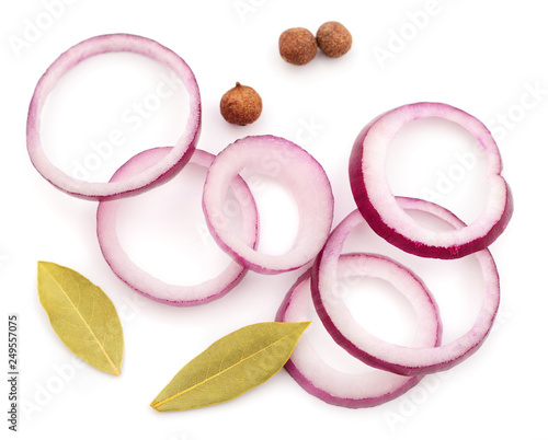 Sliced red onion rings isolated.
