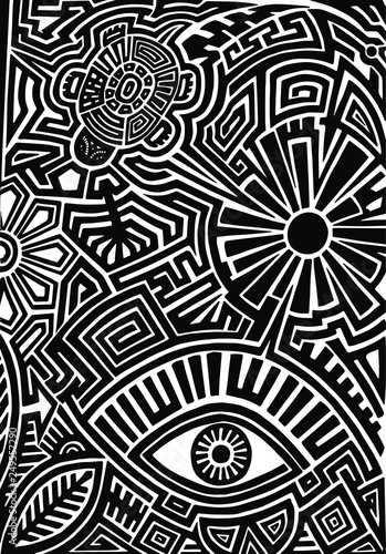 Hand drawn black tattoo pattern in maori style with turtle, sun, eye, leaf and flower on white background