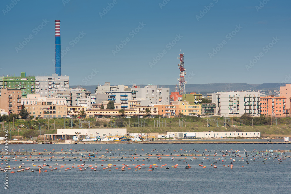 Panorama of Steel plant industry on the sea side very close to the old city of Taranto, Puglia. Italy