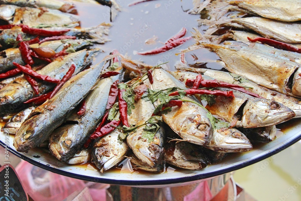 Boiled mackerel in soup at street food