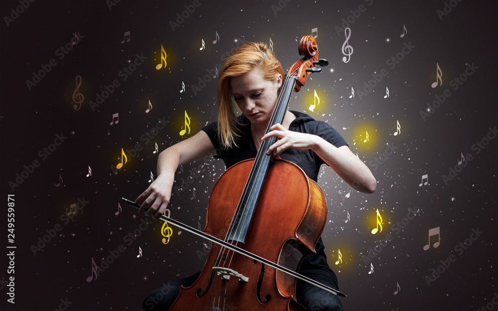 Young cellist with falling musical notes wallpaper and classical concept