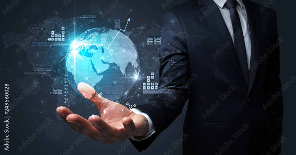 Businessman handing transparent global information flow concept on his hand