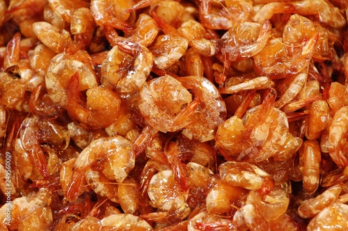 Sweet shrimp in pan at street food
