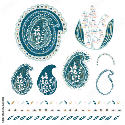 Hand drawn lily of the valley floral paisley damask illustration set. Vector arabesque clipart motif collection.  Traditional persian spring flower foulard drop . Decorative shawl fashion, home decor.