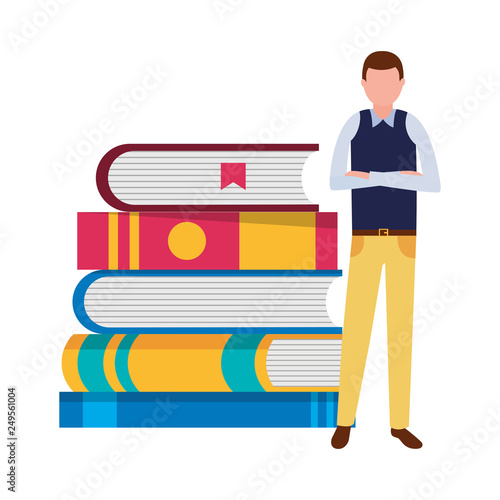 man with books stacked