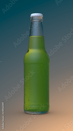 Transparent bottle with bubble green liquid and white cap on color background. 3D render Mockup