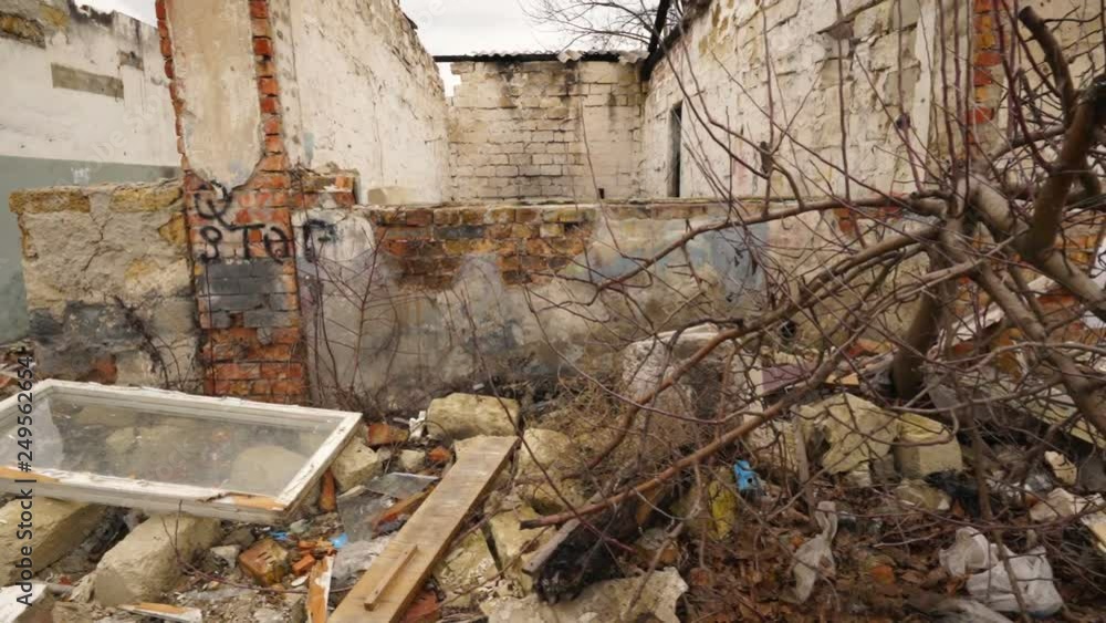 Destroyed walls of ruined industrial buildings steadicam gimbal shoot Destroyed walls of ruined industrial buildings steadicam gimbal shoot