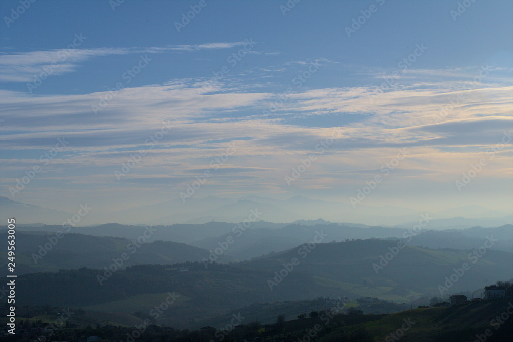 sunset in mountains,landscape,nature,hills,clouds,blue,view,fog,panorama