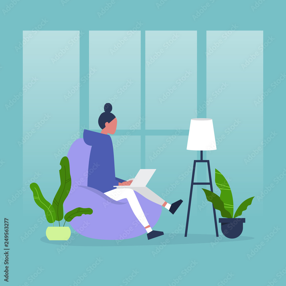 Office furniture. Young female manager sitting on the bean bag chair. Daily life. Flat editable vector illustration, clip art