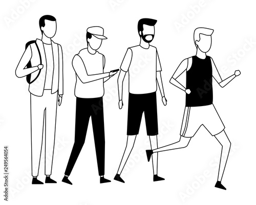 faceless group guys walking black and white