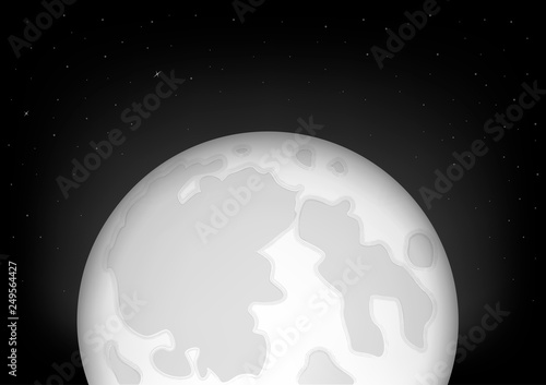 black snd white supermoon, full moon and the starry night sky, horizontal vector illustration