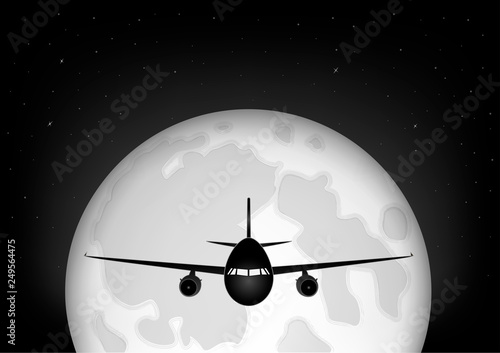 black snd white airplane flying against the background of the full moon and the starry night sky, horizontal vector illustration