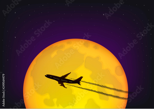silhouette of the plane flying against the background of the full moon and the starry night sky, horizontal vector illustration