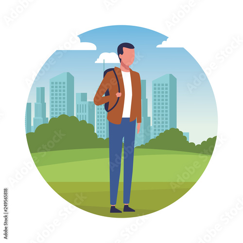 faceless guy bagpack portrait