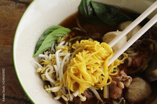 Pork noodle with vegetable and soup delicious