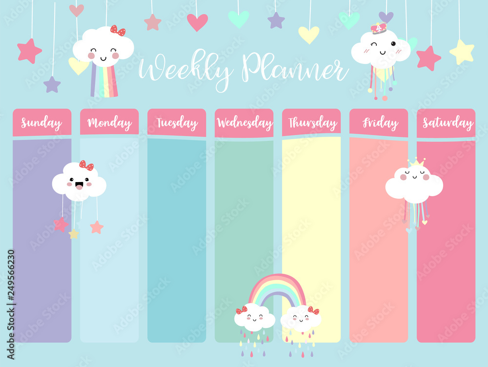 Pastel weekly planner with cloud,rainbow,heart and star Stock Vector ...