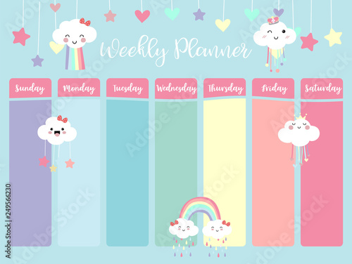 Pastel weekly planner with cloud,rainbow,heart and star