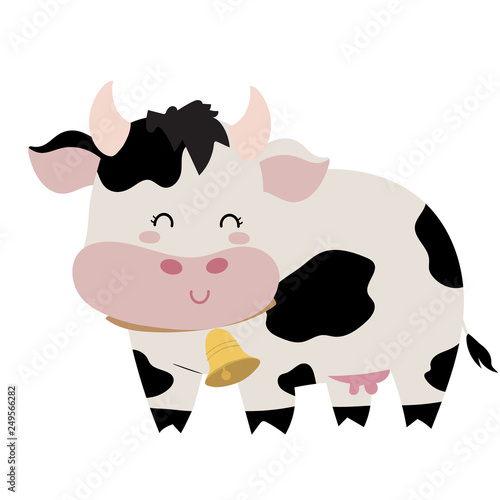 Cow hand drawn cute card with cow and bell