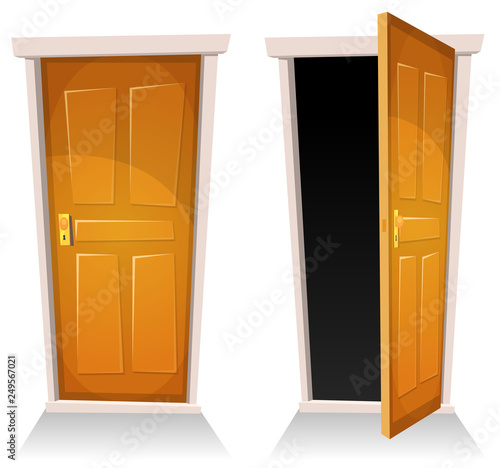 Doors, Closed And Open/ Illustration of a set of cartoon front doors opened and closed with sky background, symbolizing death frontier, paradise or heaven's gate