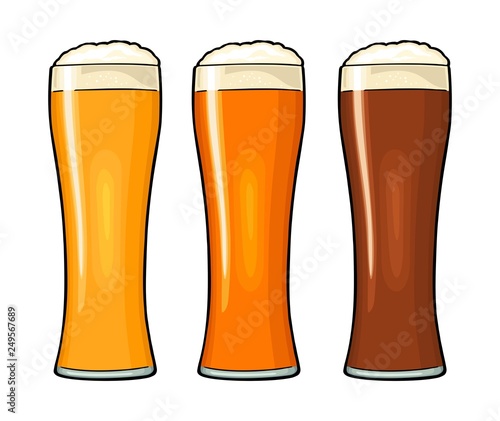 Glass with different types beer - lager, ale, stout. Vintage color flat illustration