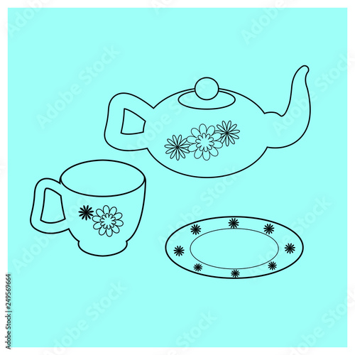 Utensils for tea. Outline vector illustration Teapot, cup and saucer with floral ornament. linear icon isolated on a blue background