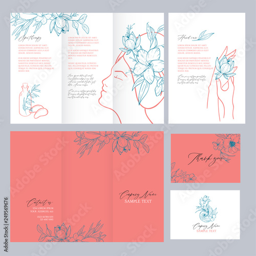 Spa concept. Vector template with a warm coral shade. Brochure, leaflet, thank you and a business card with place for your text. Fashion colection in the trend colors of living coral.